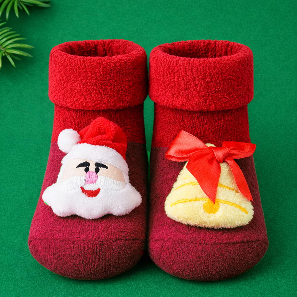 Red Santa & Bell Christmas Themed Ankle Length Socks For Kids