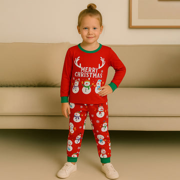 3-8 Yrs, Red 3Snowman soft Cotton Kids Christmas Nightsuit