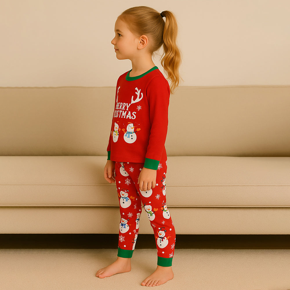 3-8 Yrs, Red 3Snowman soft Cotton Kids Christmas Nightsuit
