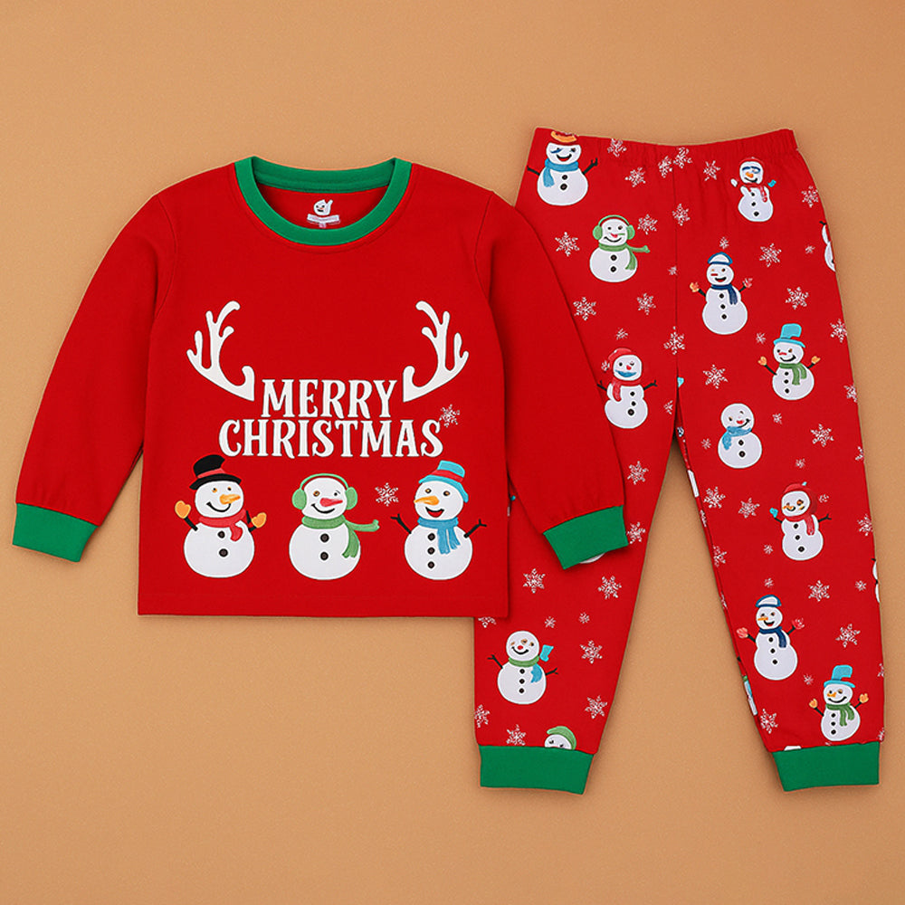 3-8 Yrs, Red 3Snowman soft Cotton Kids Christmas Nightsuit