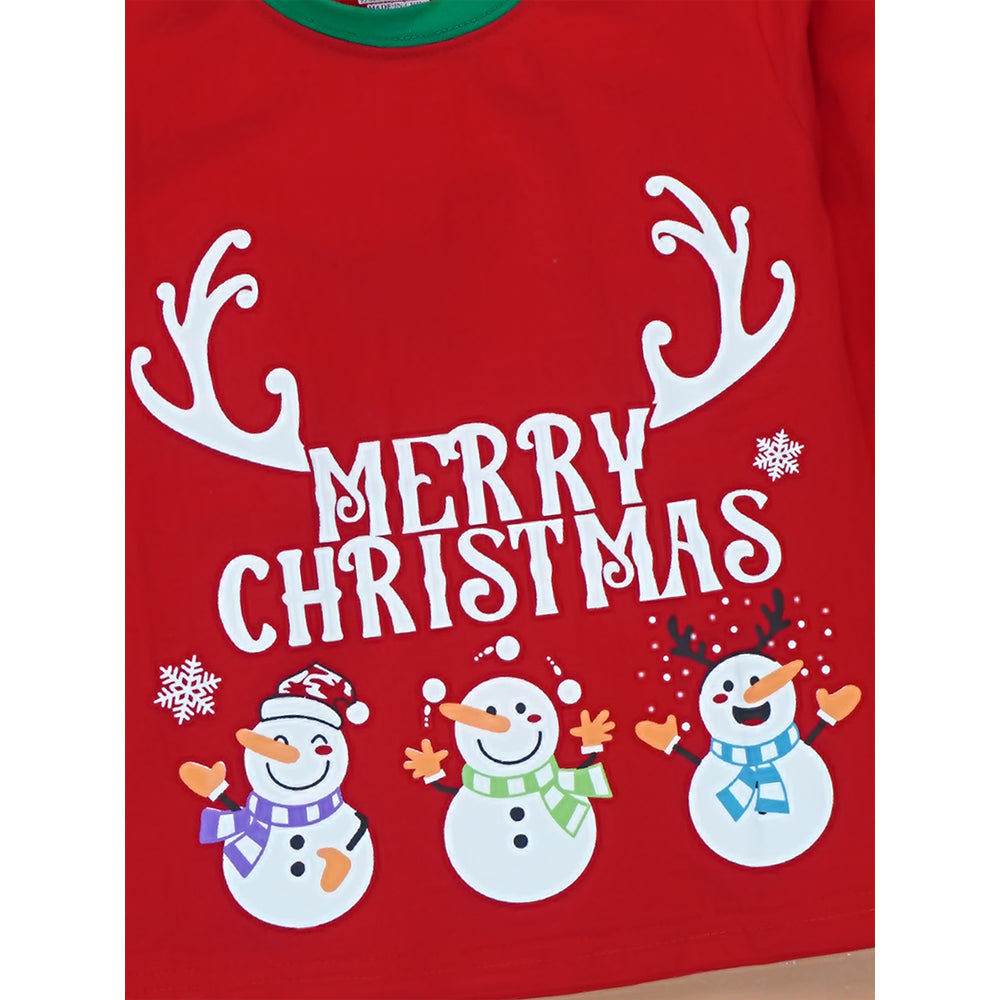 3-8 Yrs, Red 3Snowman soft Cotton Kids Christmas Nightsuit