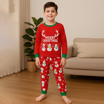 9-13 Yrs, Red 3Snowman soft Cotton Kids Christmas Nightsuit