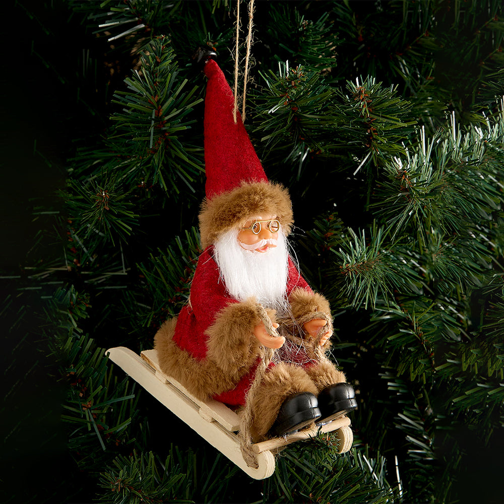 Red Brown Sitting Sledge Santa - Christmas Table Décor & Ornament