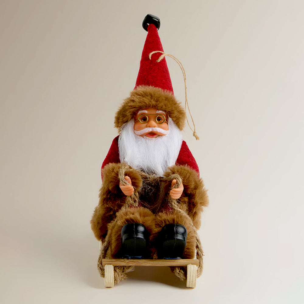 Red Brown Sitting Sledge Santa - Christmas Table Décor & Ornament