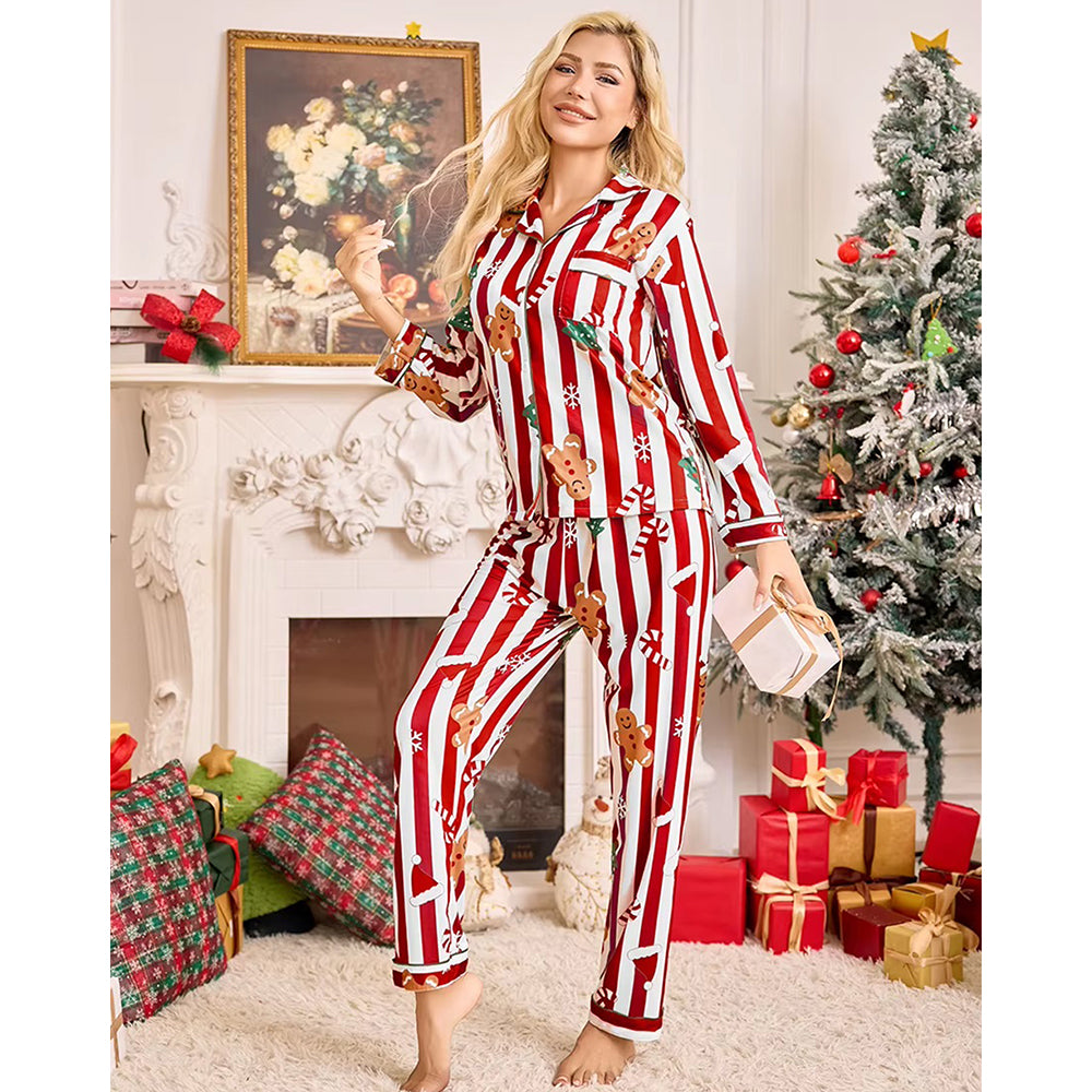 Red Gingerman Christmas Printed Nightsuit Set for Adults, Unisex