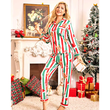 Red & Green Gingerman Christmas Printed Nightsuit Set for Adults, Unisex