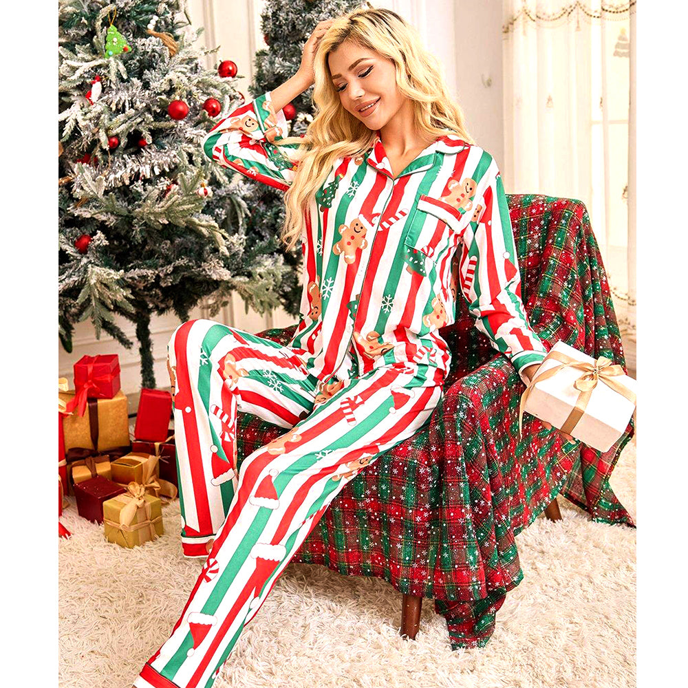 Red & Green Gingerman Christmas Printed Nightsuit Set for Adults, Unisex