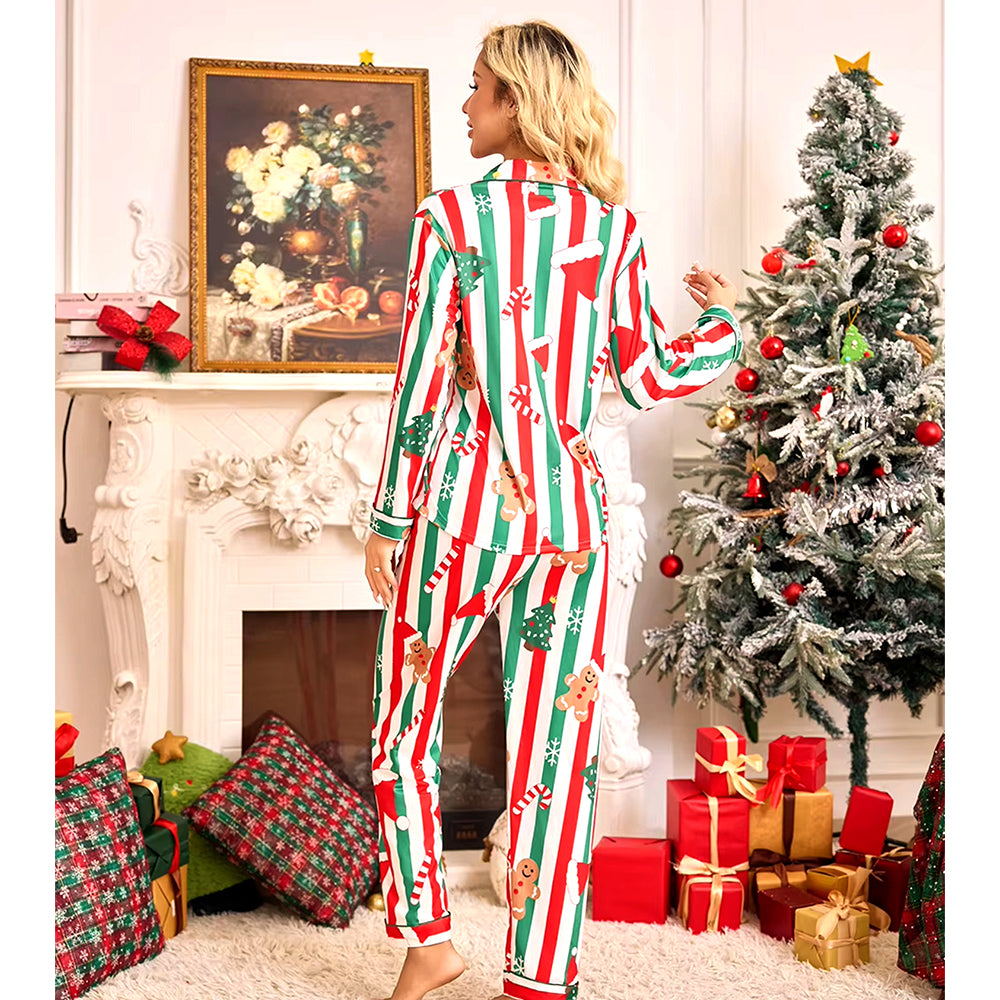 Red & Green Gingerman Christmas Printed Nightsuit Set for Adults, Unisex