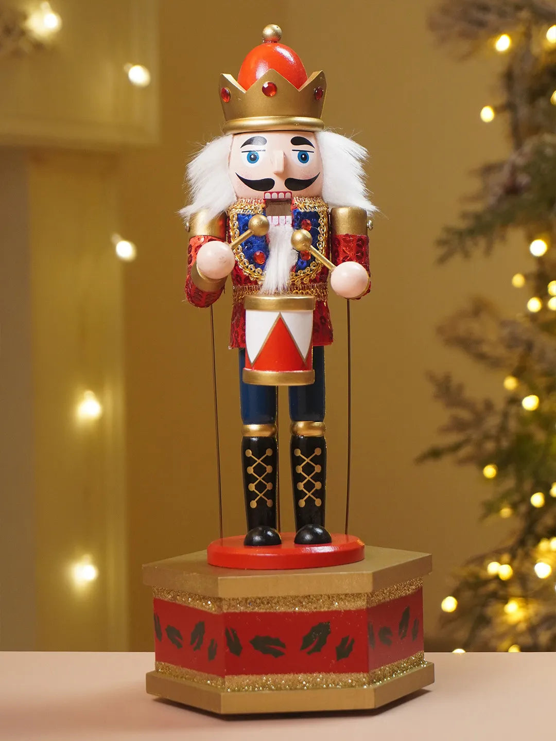 13 Inches Musical Red Wooden Drummer Nutcracker, Christmas Table Décor