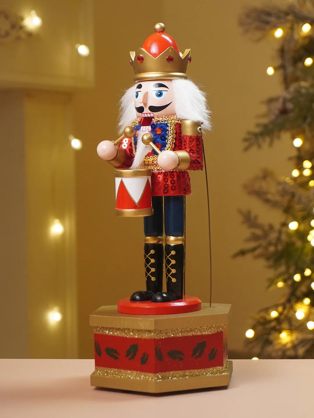 13 Inches Musical Red Wooden Drummer Nutcracker, Christmas Table Décor