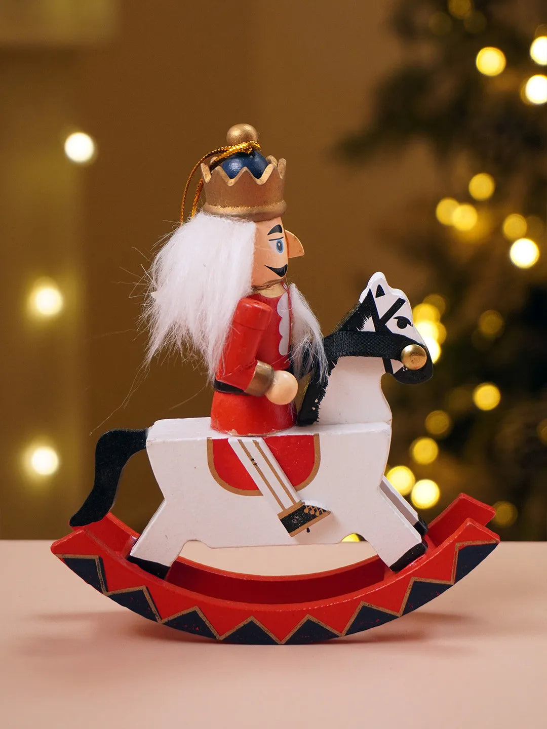Royal Red Wooden Nutcracker on Rocking Horse, Christmas Table Decor & Tree Ornament, 5.45inches ht