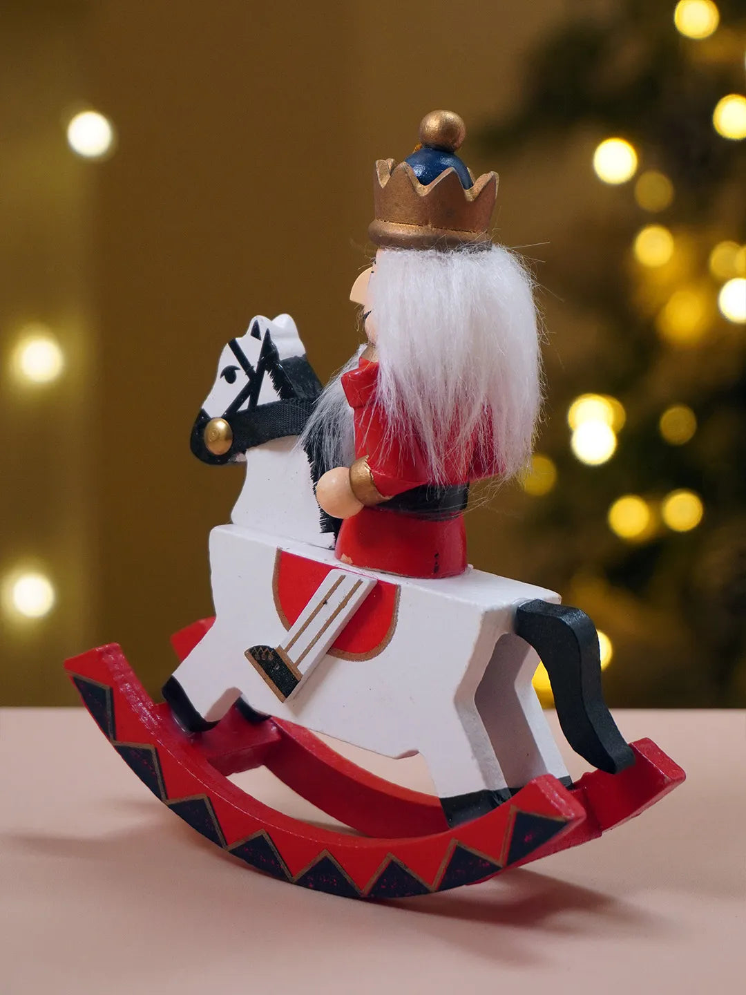 Royal Red Wooden Nutcracker on Rocking Horse, Christmas Table Decor & Tree Ornament, 5.45inches ht
