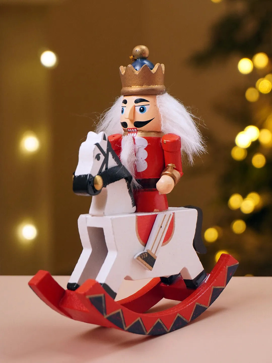 Royal Red Wooden Nutcracker on Rocking Horse, Christmas Table Decor & Tree Ornament, 5.45inches ht