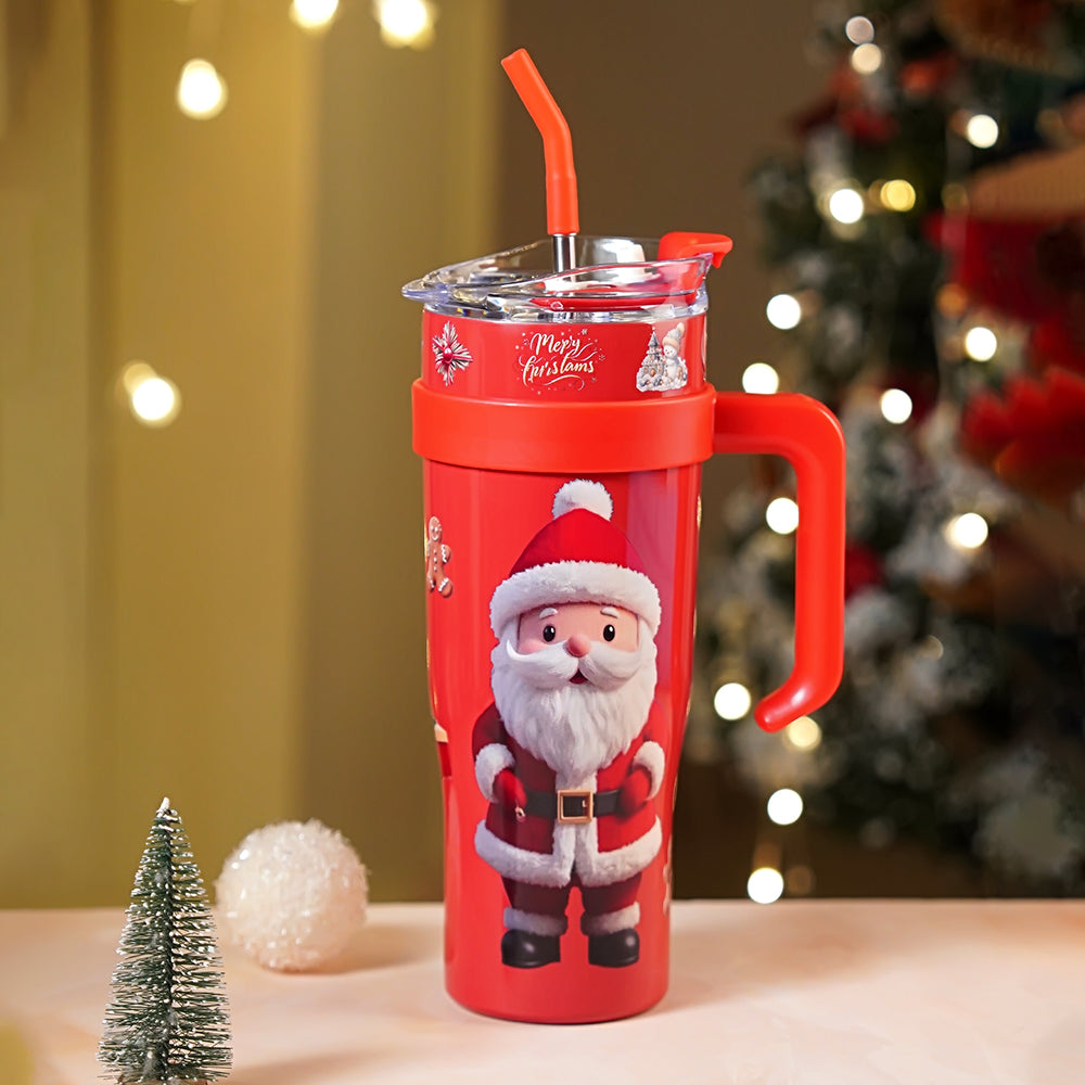 Red Santa vacum insulated stainless steel Tumbler with lid and stainless steel straw, 1.2 litres