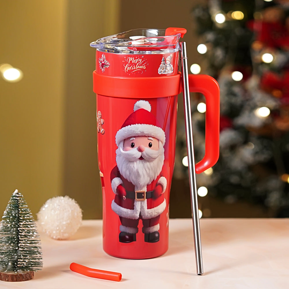 Red Santa vacum insulated stainless steel Tumbler with lid and stainless steel straw, 1.2 litres