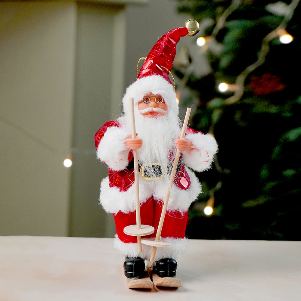 Red Sequin Coat Skiing Santa - Christmas Table Décor & Ornament