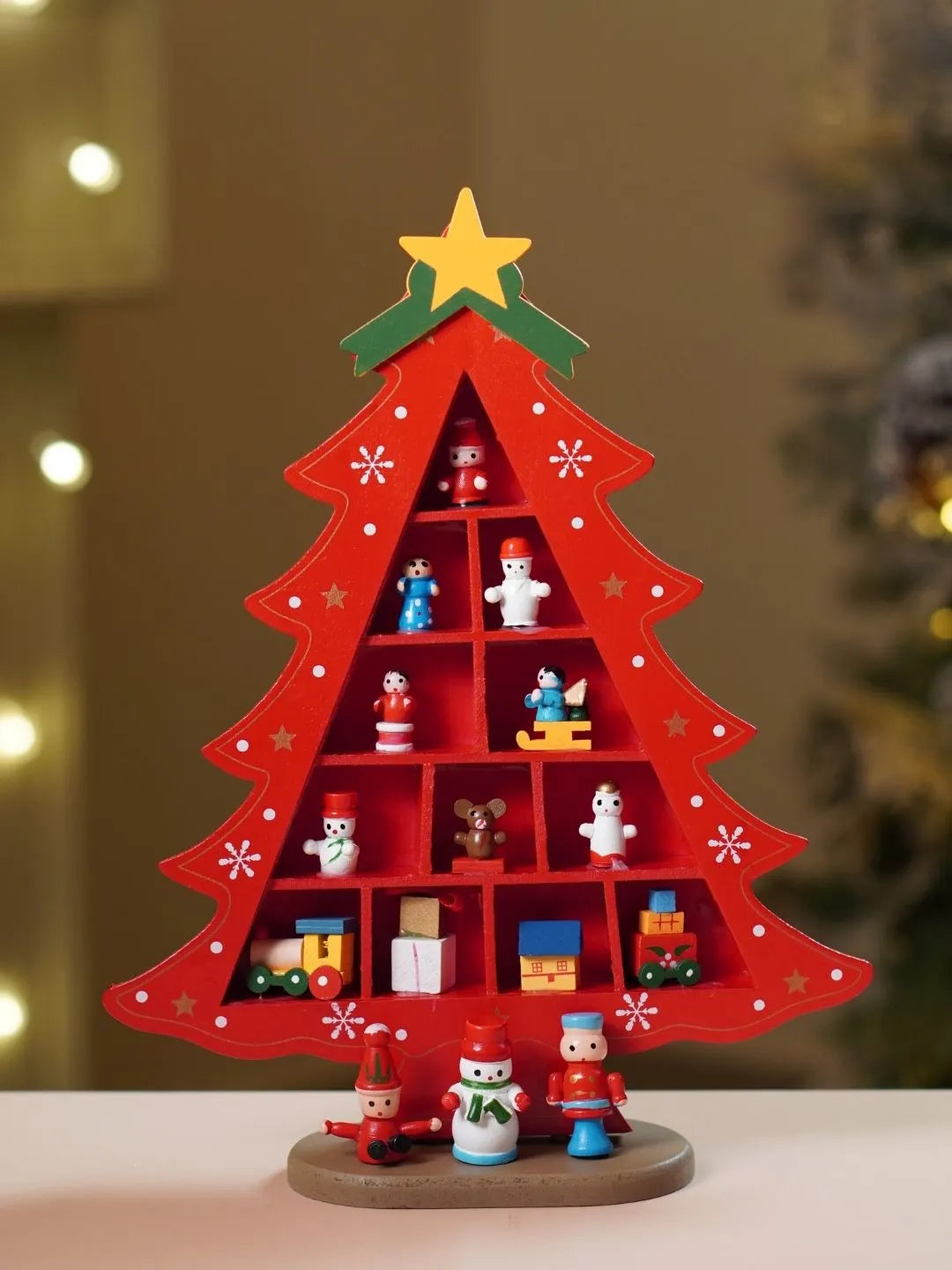 Checkered Shelf Red Wooden Christmas Tree with Mini Figurines
