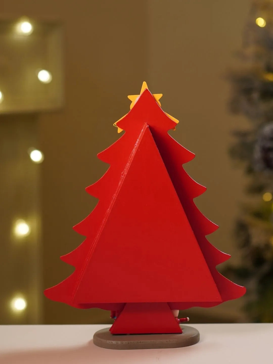 Checkered Shelf Red Wooden Christmas Tree with Mini Figurines