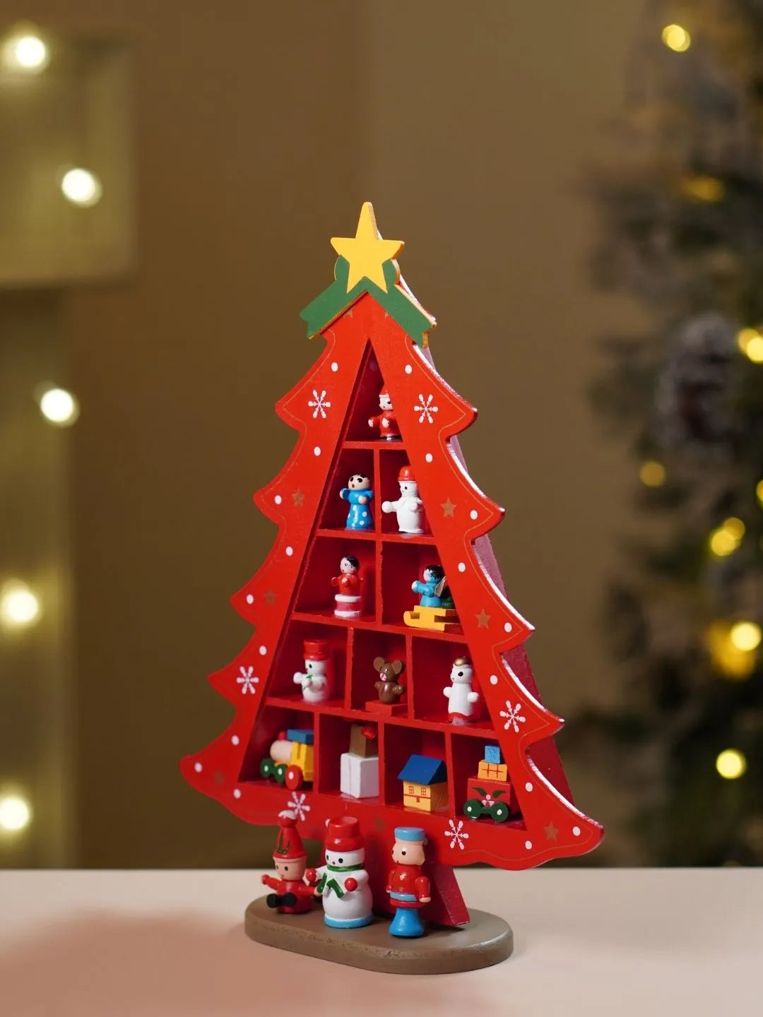 Checkered Shelf Red Wooden Christmas Tree with Mini Figurines