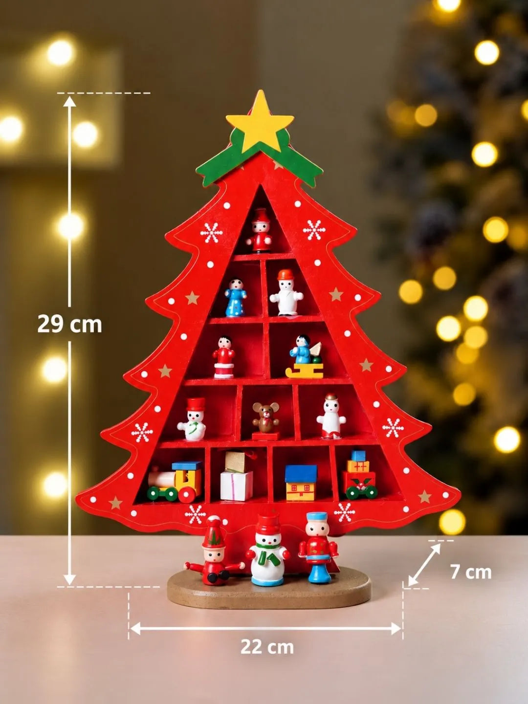 Checkered Shelf Red Wooden Christmas Tree with Mini Figurines