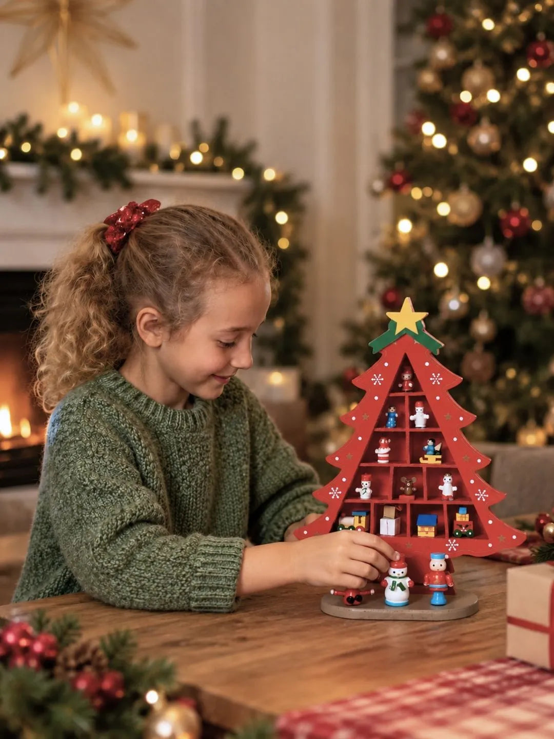 Checkered Shelf Red Wooden Christmas Tree with Mini Figurines