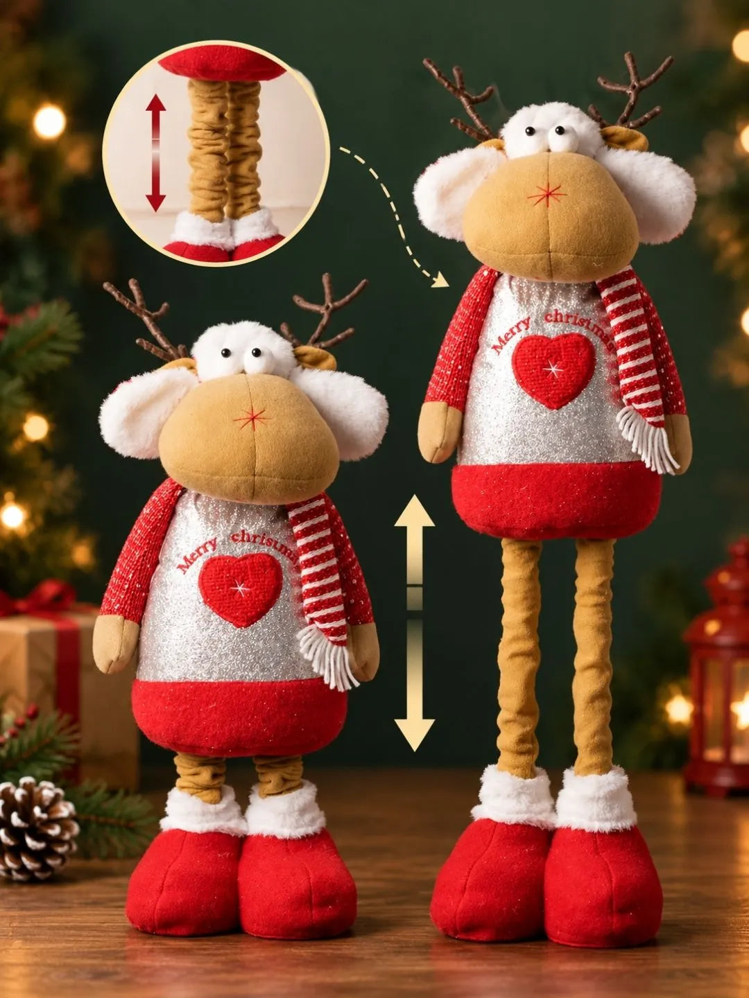 28 Inches Red & Silver Reindeer Extendable Legs, Christmas Softtoy, Gift & Home Décor