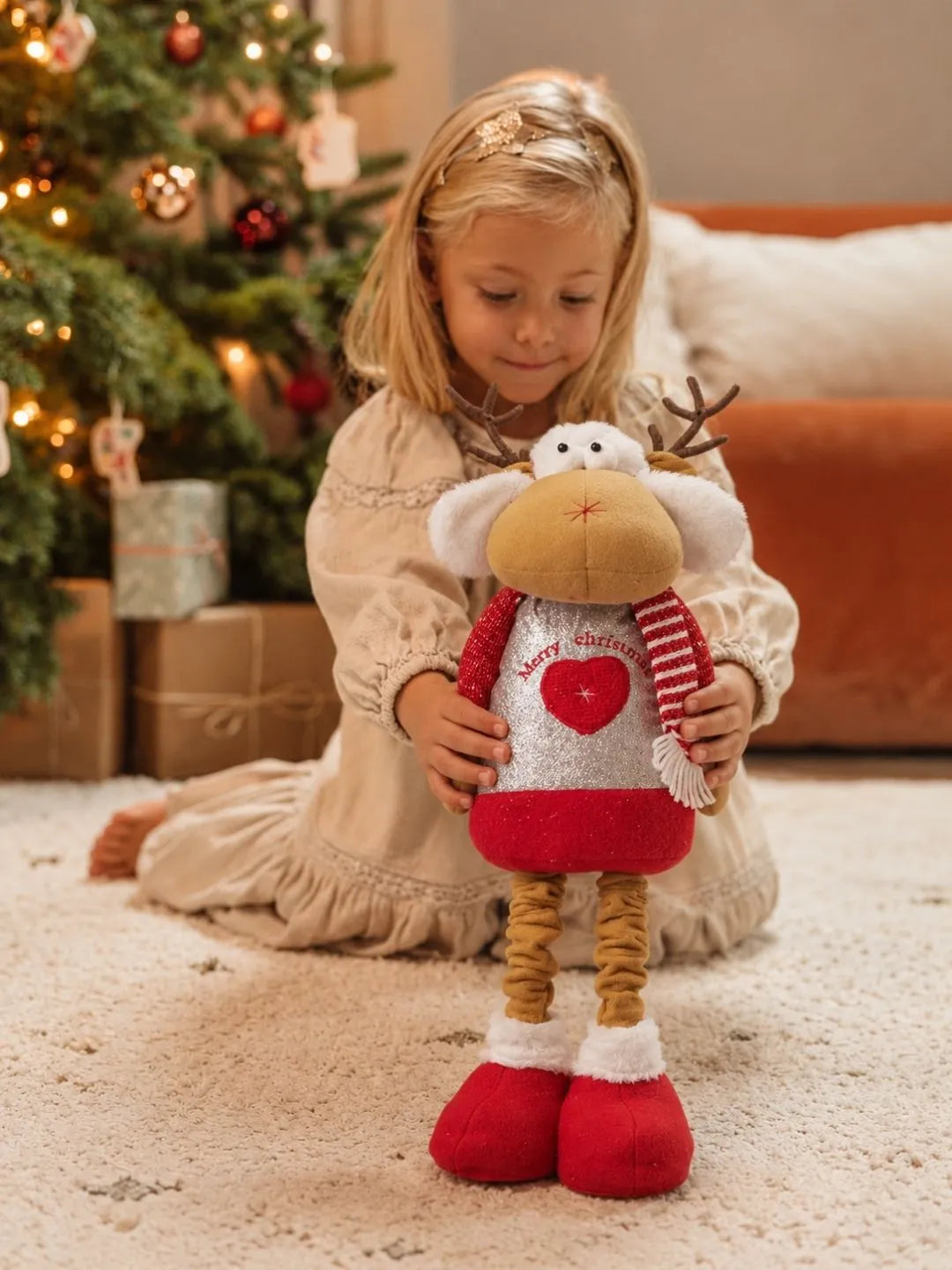 28 Inches Red & Silver Reindeer Extendable Legs, Christmas Softtoy, Gift & Home Décor