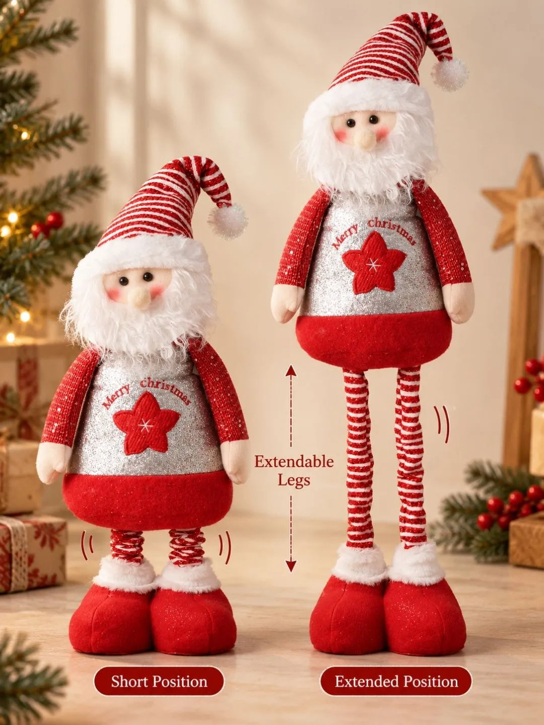 37 Inches Red & Silver Santa Extendable Legs, Christmas Softtoy , Gift & Home Décor
