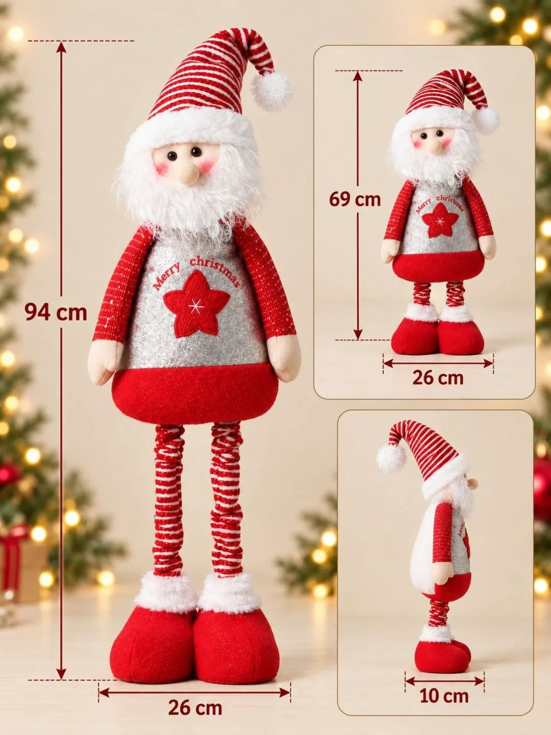 37 Inches Red & Silver Santa Extendable Legs, Christmas Softtoy , Gift & Home Décor