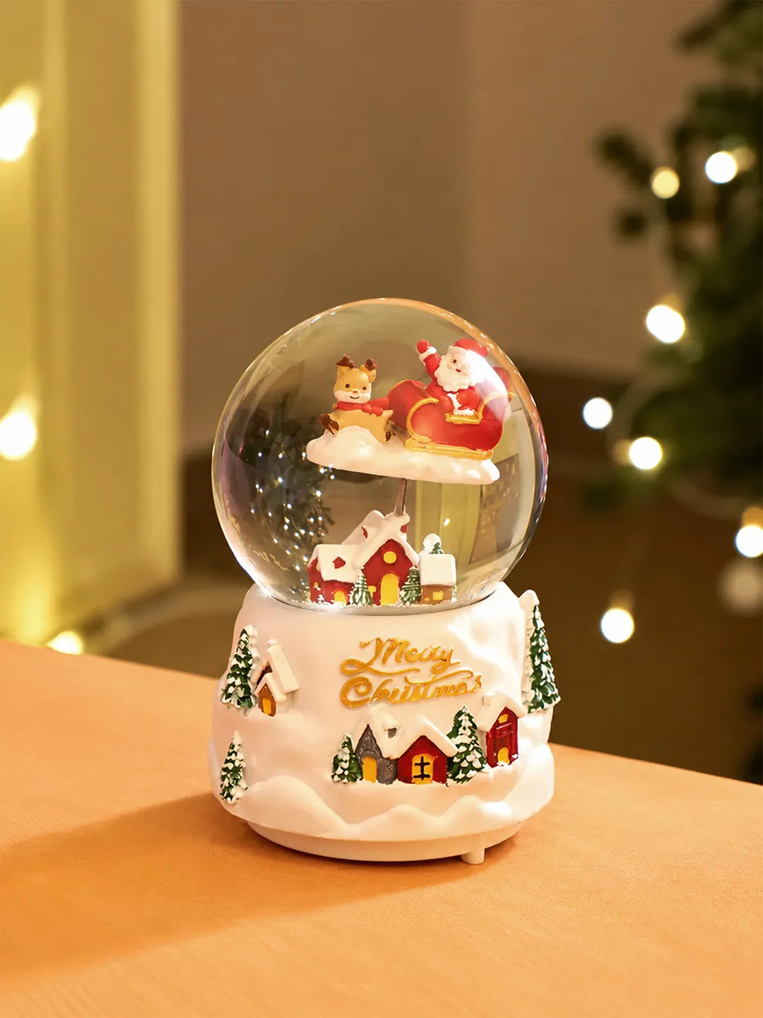 Red Sledge Santa snow village colorful LED Dome with Music Christmas Table Décor & Gift option