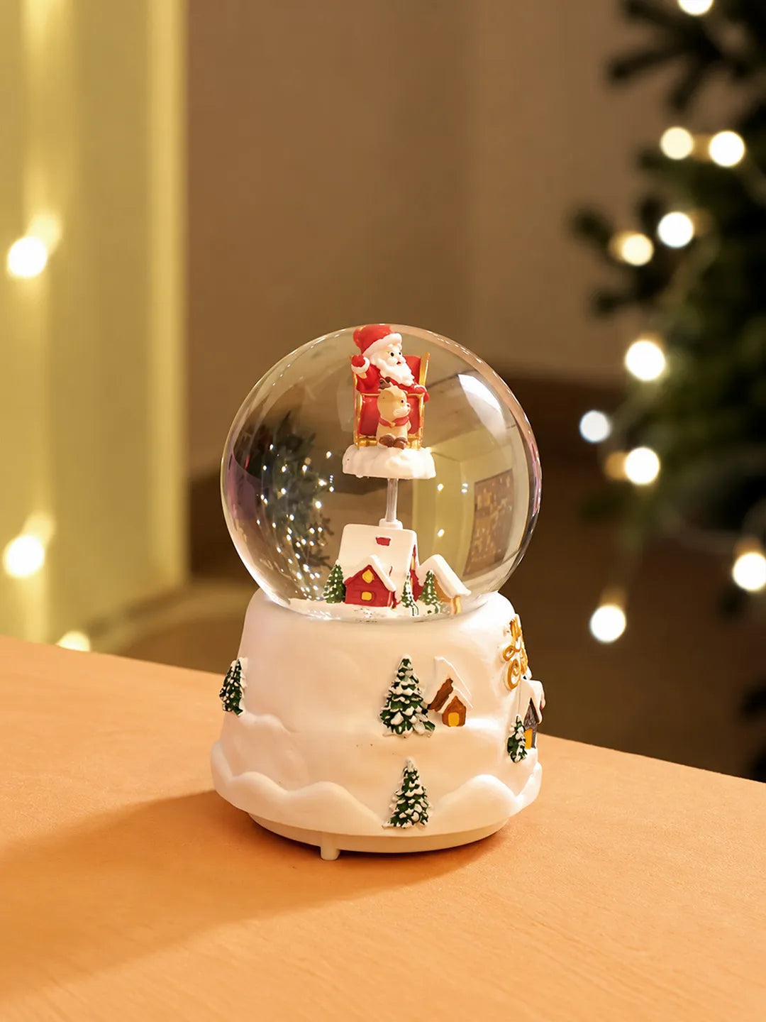 Red Sledge Santa snow village colorful LED Dome with Music Christmas Table Décor & Gift option