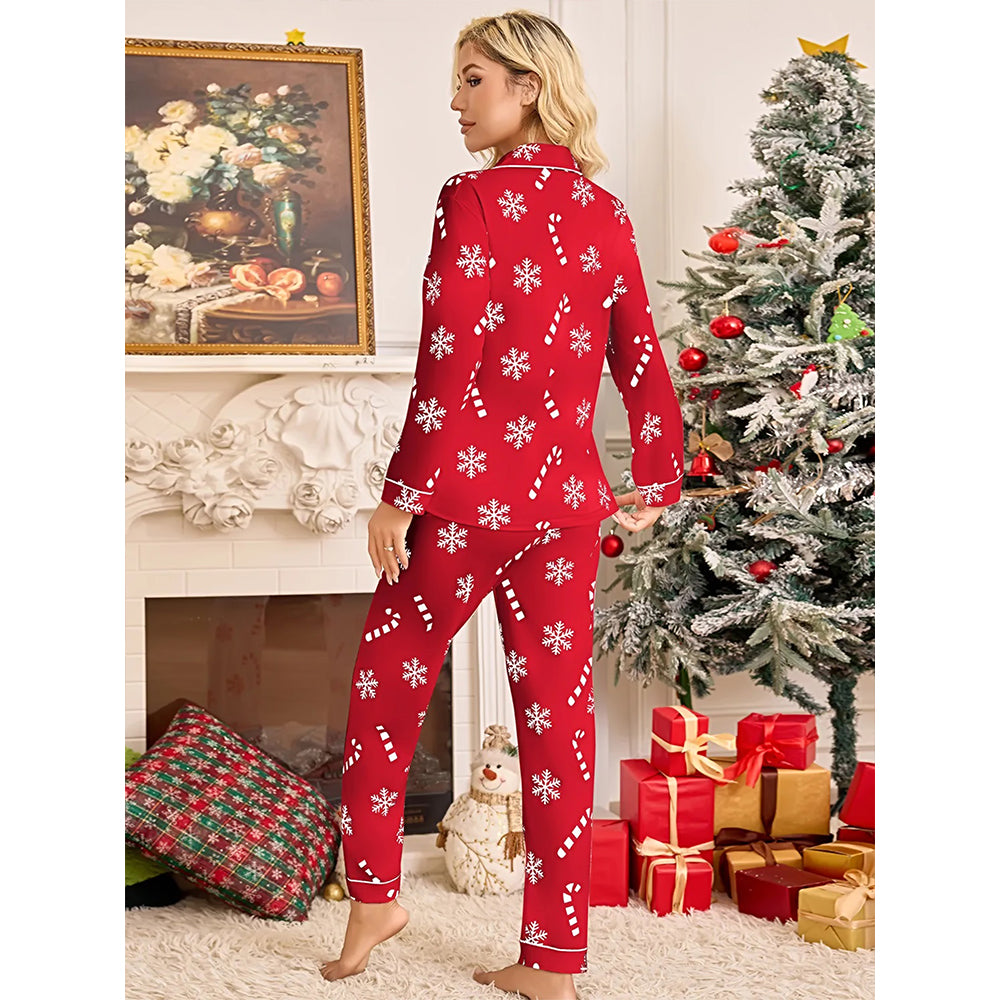 Bright Red Snowflakes & Candycanes Christmas Printed Nightsuit Set for Adults, Unisex