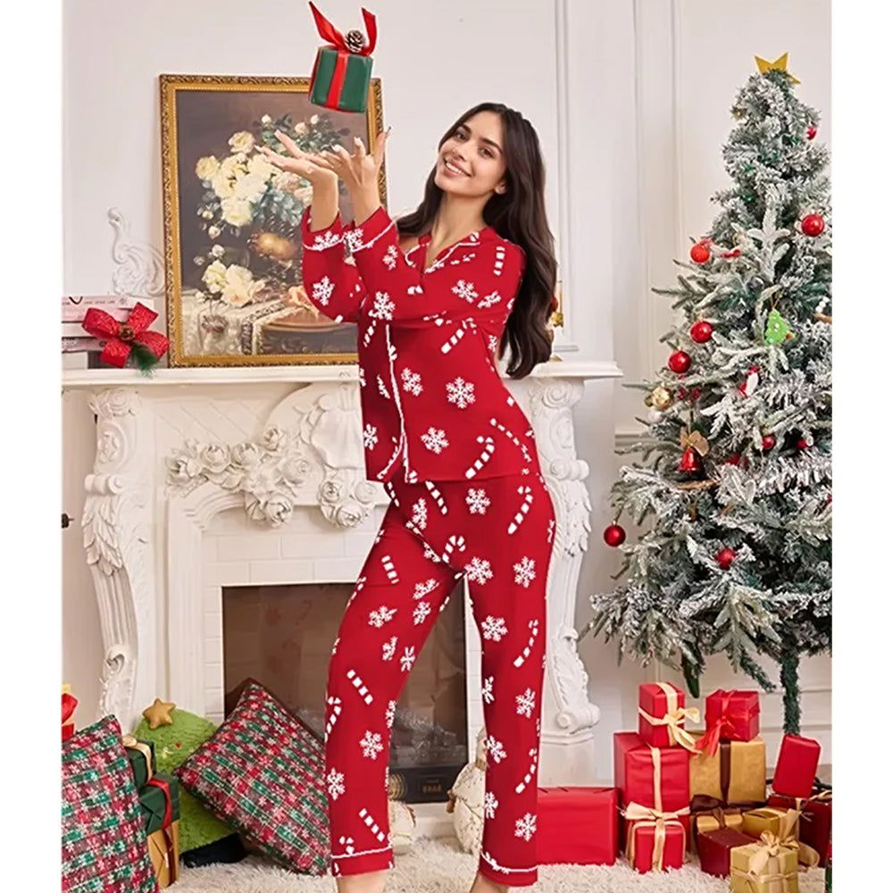 Bright Red Snowflakes & Candycanes Christmas Printed Nightsuit Set for Adults, Unisex