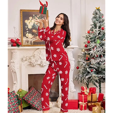 Bright Red Snowflakes & Candycanes Christmas Printed Nightsuit Set for Adults, Unisex