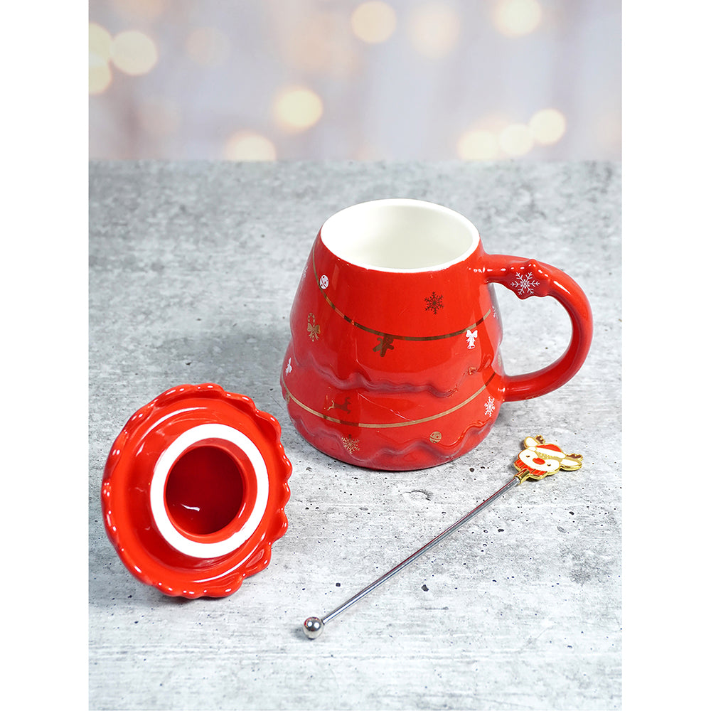 Red Tinsel Ceramic Christmas Coffee Mug with lid and Reindeer embellished stainless steel spoon