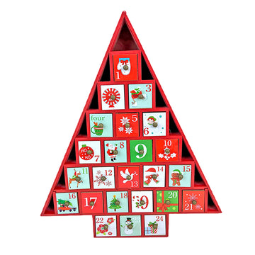 24 days, Wooden Red Tree Shape Advent Calendar for Christmas