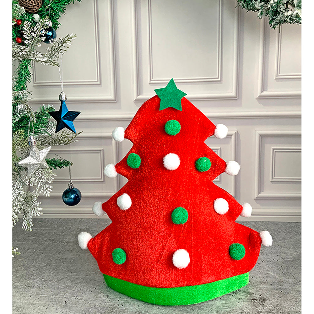 3d Red Pompom Christmas Tree shaped Velvet Plush Christmas Party Hat