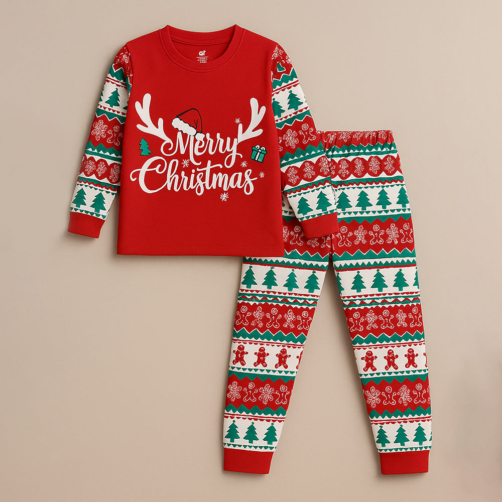 3-8 Yrs, Red Tree and Gingerbread man,soft Cotton Kids Christmas Nightsuit