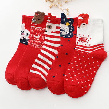 Red White Themed Christmas Ankle Socks For Kids-Set Of 5 Pcs