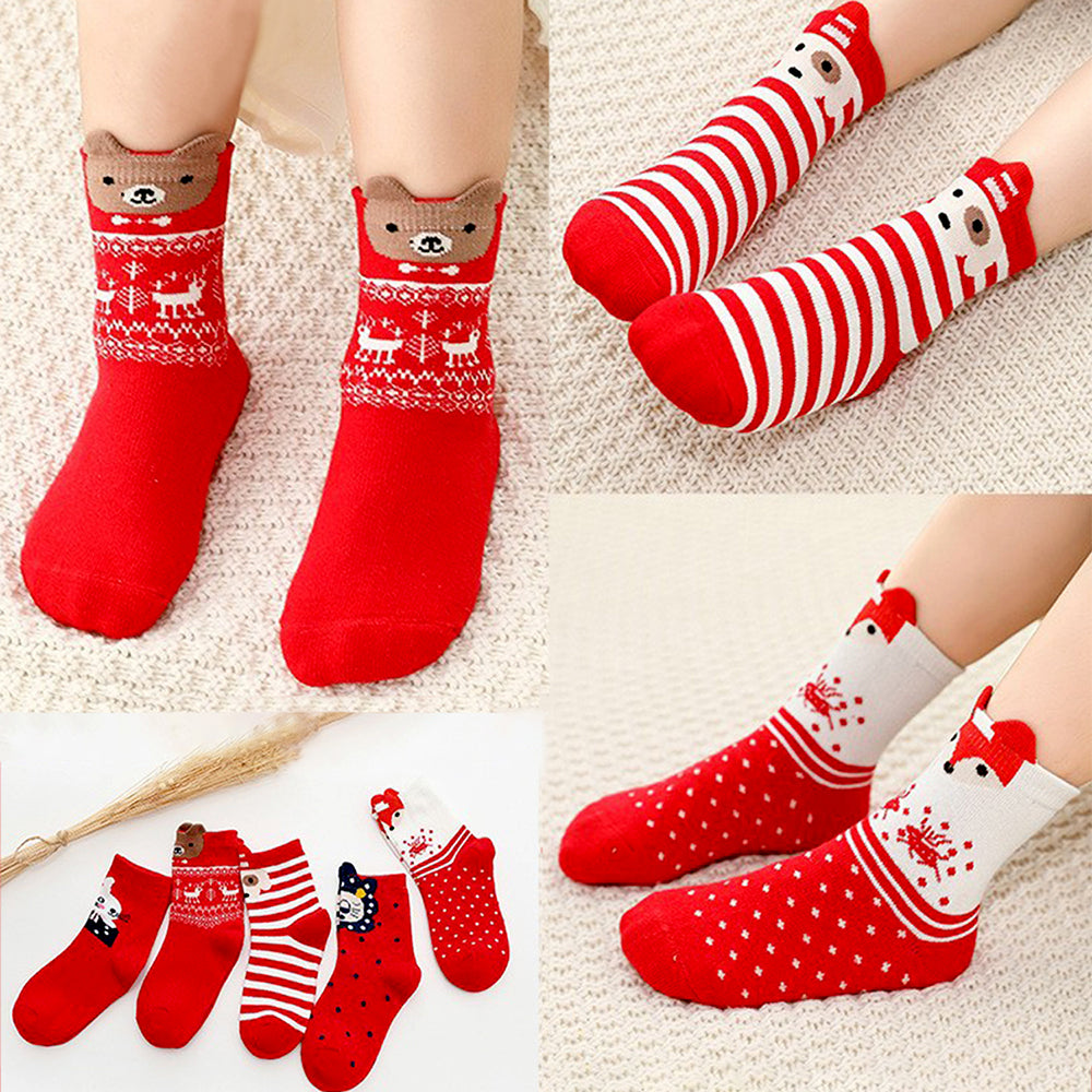 Red White Themed Christmas Ankle Socks For Kids-Set Of 5 Pcs