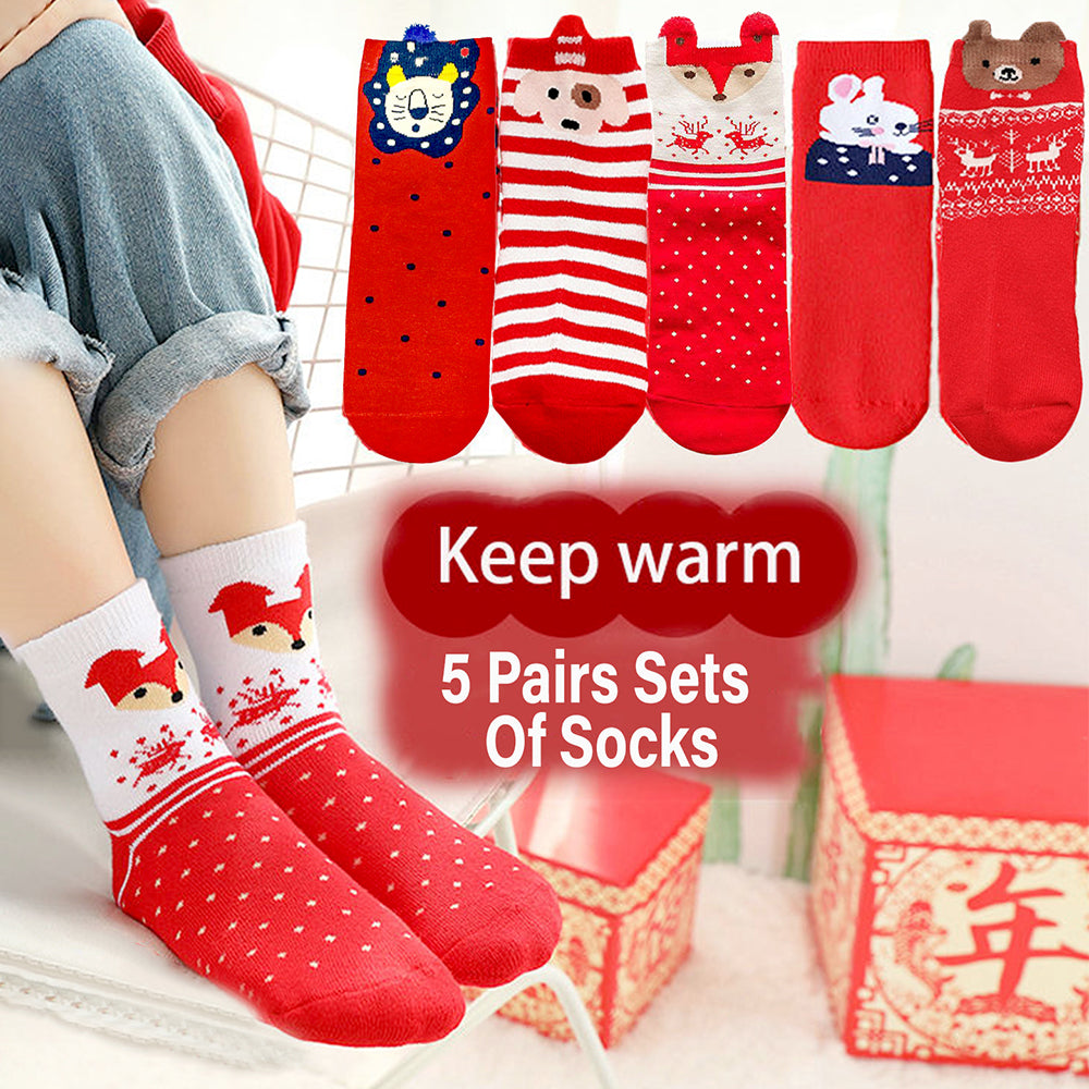 Red White Themed Christmas Ankle Socks For Kids-Set Of 5 Pcs