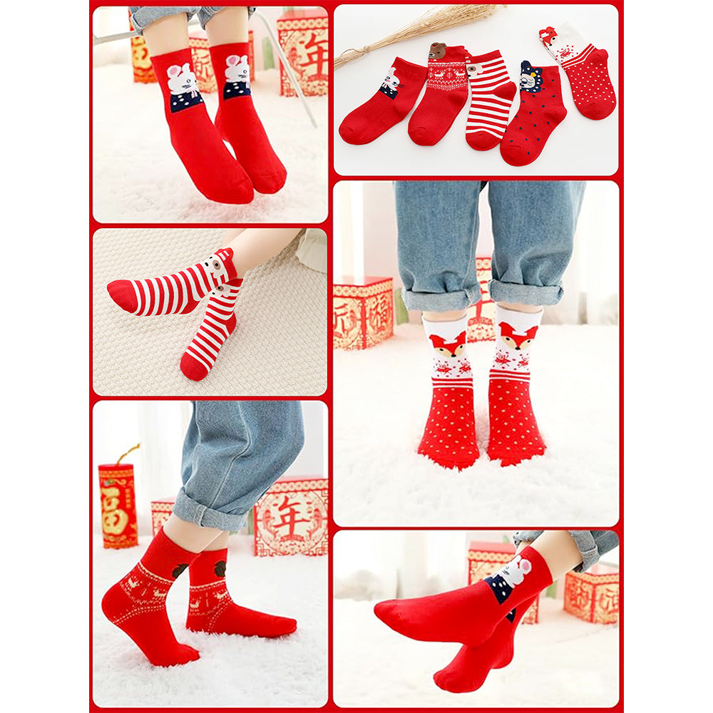Red White Themed Christmas Ankle Socks For Kids-Set Of 5 Pcs