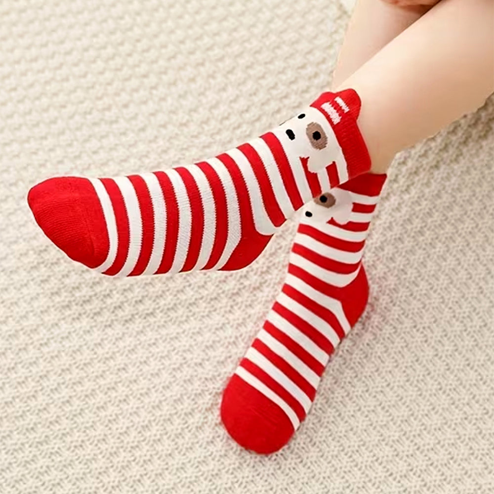 Red White Themed Christmas Ankle Socks For Kids-Set Of 5 Pcs