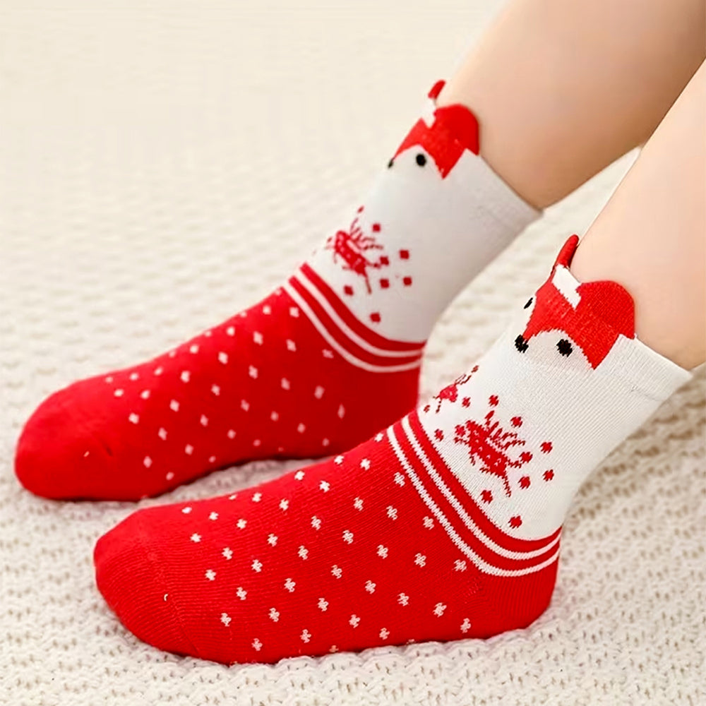 Red White Themed Christmas Ankle Socks For Kids-Set Of 5 Pcs
