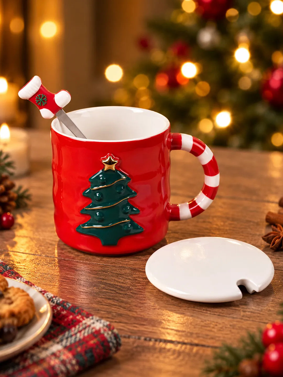 Red Christmas Tree Ceramic Hot Chocolate and Coffee Christmas Mug with 3D Spoon
