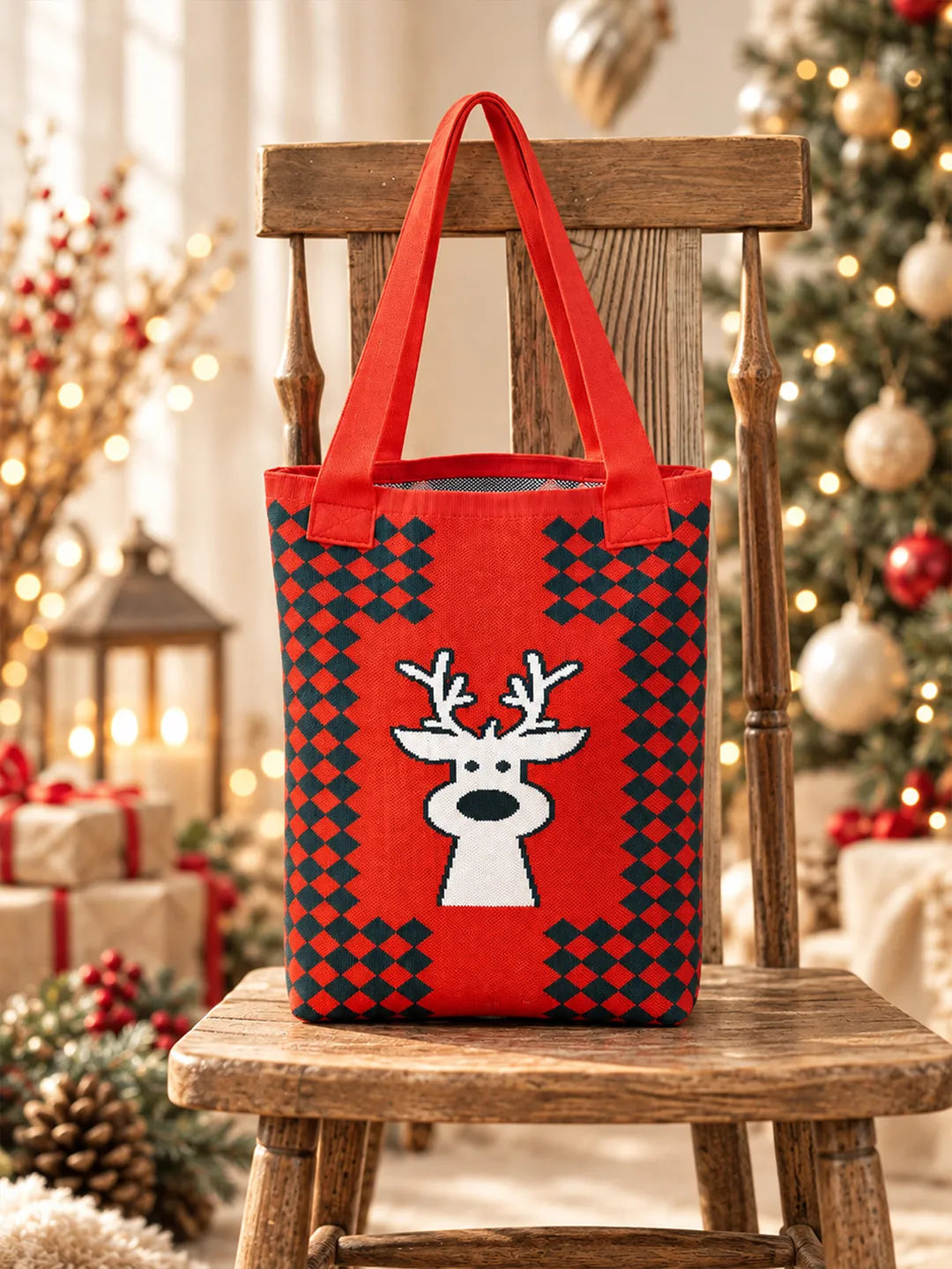 Reindeer Face, Woven Christmas Tote Bag