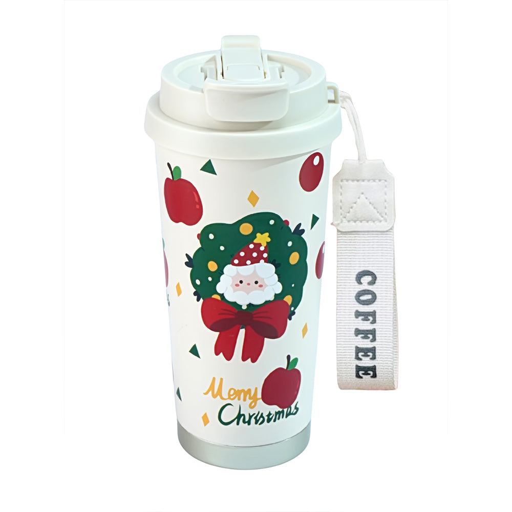 Santa Bow, Wreath & Apple, xmas themed, stainless steel Coffee/Water Tumbler Bottle, 500ml with free cleaning brush