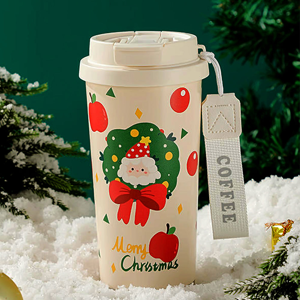 Santa Bow, Wreath & Apple, xmas themed, stainless steel Coffee/Water Tumbler Bottle, 500ml with free cleaning brush