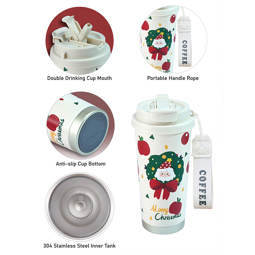 Santa Bow, Wreath & Apple, xmas themed, stainless steel Coffee/Water Tumbler Bottle, 500ml with free cleaning brush