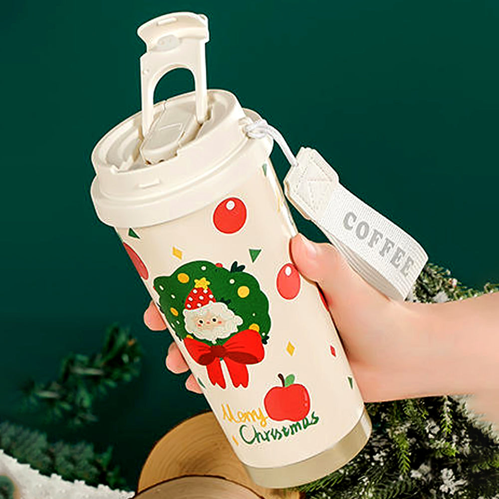 Santa Bow, Wreath & Apple, xmas themed, stainless steel Coffee/Water Tumbler Bottle, 500ml with free cleaning brush
